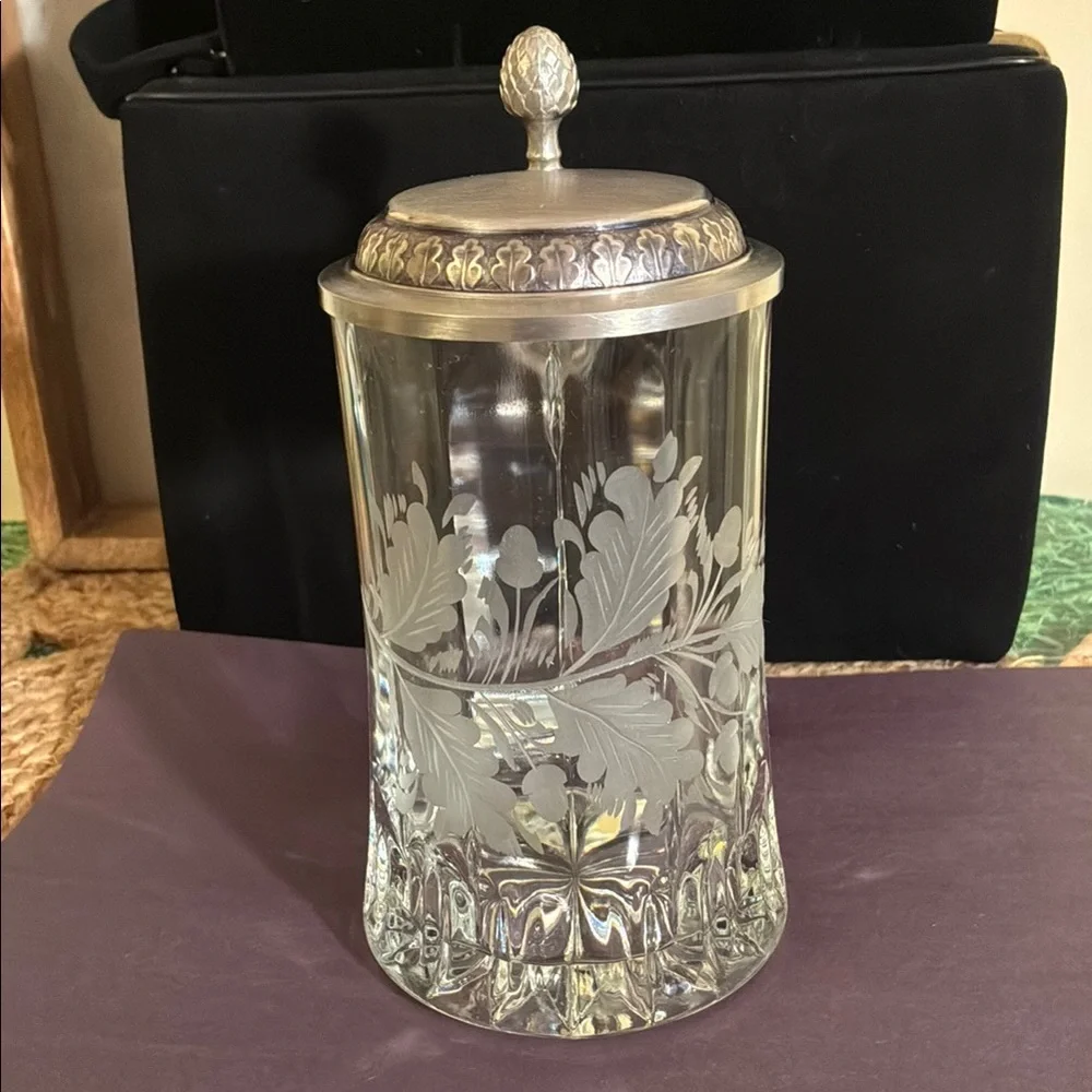 Zinn, Crystal Stein Mug with Etched Leaf Floral Pattern, West Germany